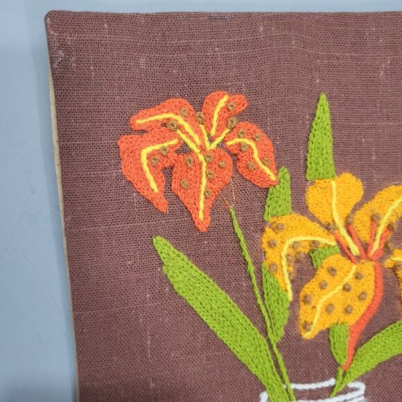 Vintage Embroidery Art Brown Orange Yellow Lilies in Mason Jar 70s Mid Century - Picture 3 of 7